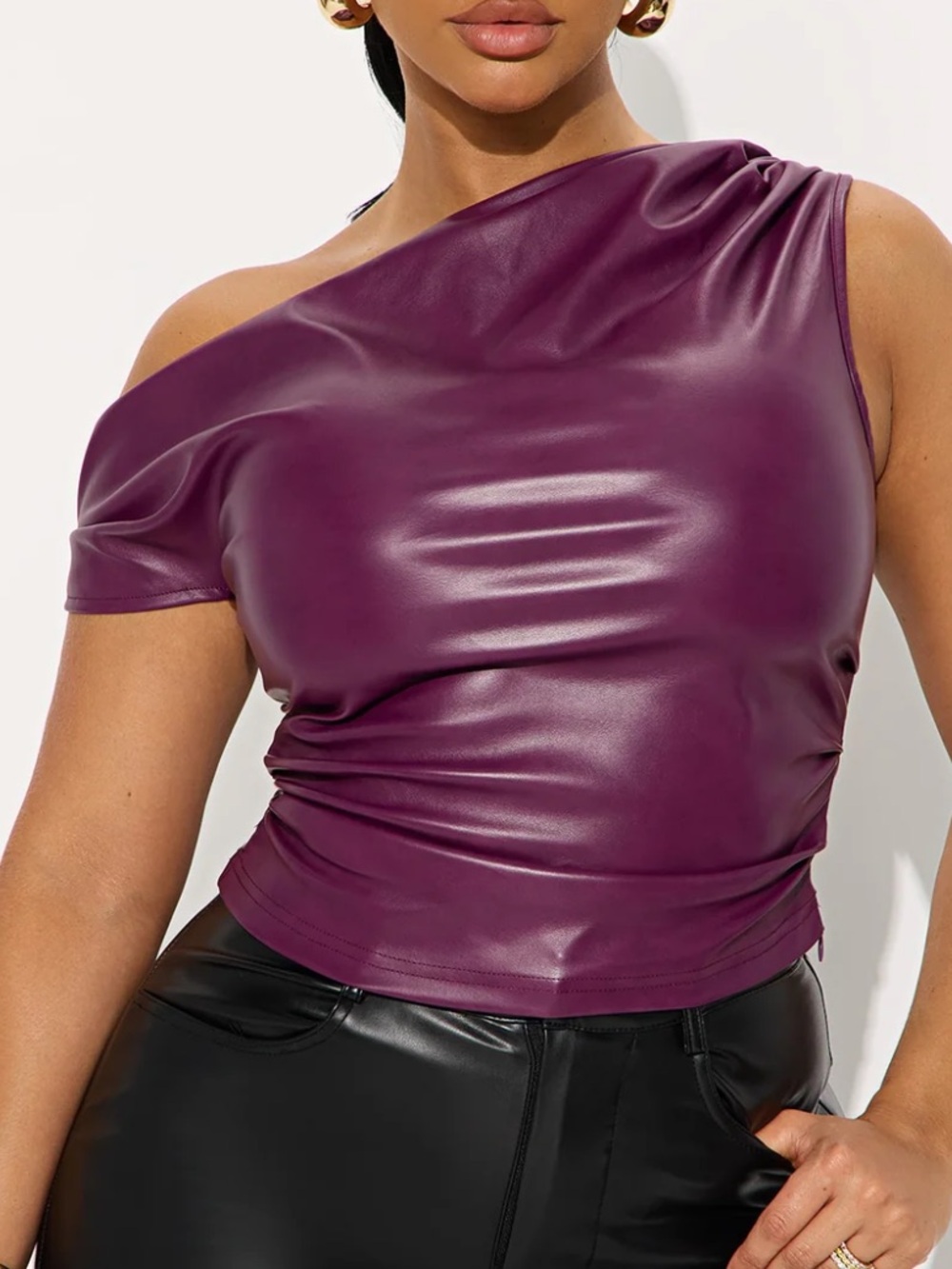 Fashion Nova Plum Faux Leather One-Shoulder Crop Top